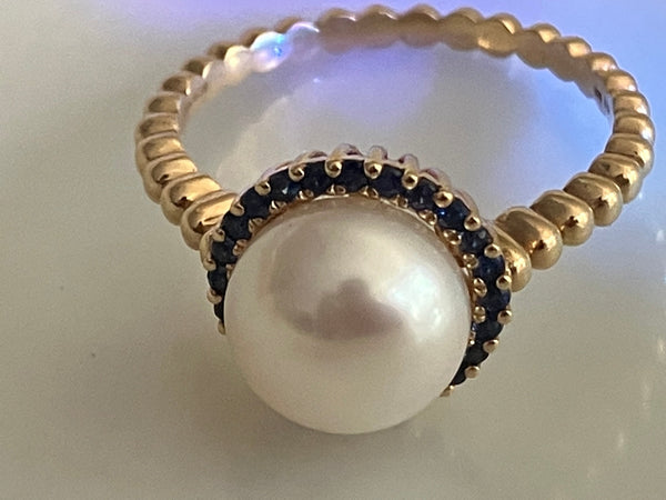 Cultured Pearl | Blue Sapphire | 14K Yellow Gold | Freshwater Pearl Engagement Ring | 30th Anniversary Gift for Her | June Birthstone Rings Bourdage Pearl Jewelry    sherri bourdage