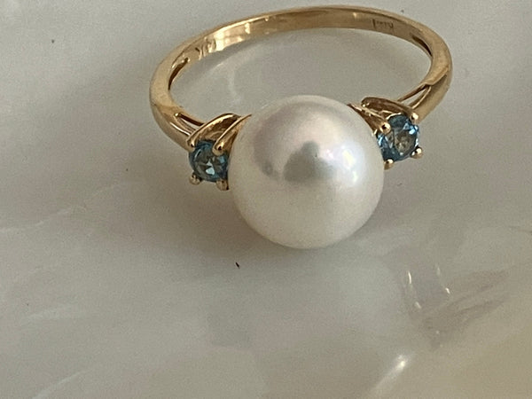 Cultured Pearl | Blue Sapphire | 14K Yellow Gold | Freshwater Pearl Engagement Ring | 30th Anniversary Gift for Her | June Birthstone Rings Bourdage Pearl Jewelry    sherri bourdage