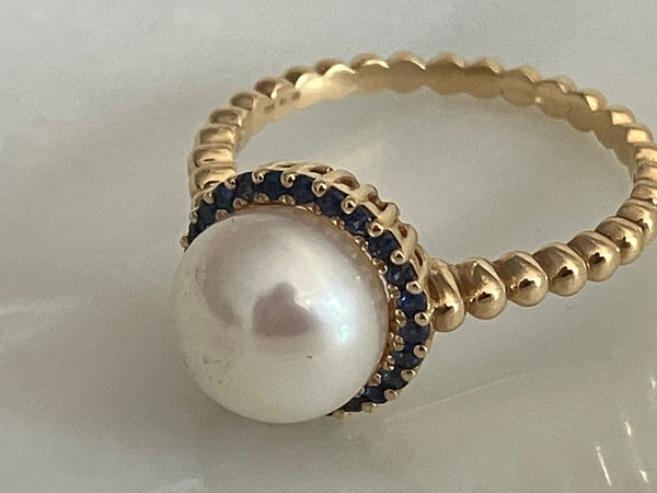 Cultured Pearl | Blue Sapphire | 14K Yellow Gold | Freshwater Pearl Engagement Ring | 30th Anniversary Gift for Her | June Birthstone Rings Bourdage Pearl Jewelry    sherri bourdage