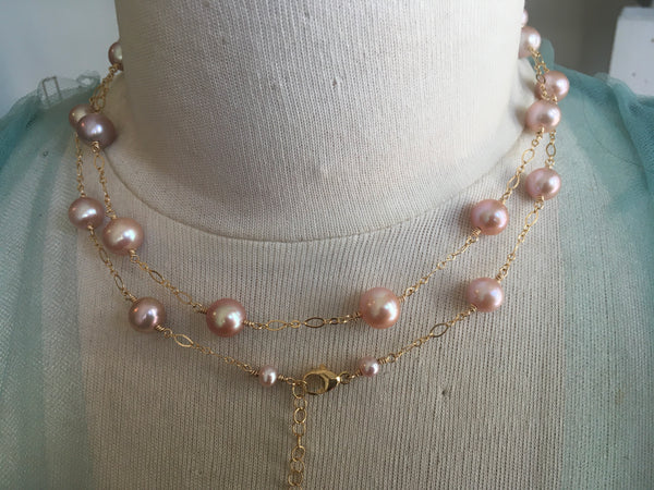 Long Station Pearl Necklace | Converts to Double strand | AAA 8mm Natural Pink Freshwater Cultured | Tin Cup Style Necklace Pearls on Chain Jewelry,Necklace,Choker Bourdage Pearl Jewelry    sherri bourdage