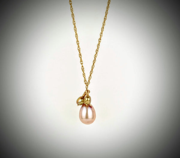 Pink Pearl Pendant Necklace with Gold Pearl Accents |  Natural Pink Teardrop Freshwater Cultured Jewelry,Necklace,Choker Bourdage Pearl Jewelry    sherri bourdage