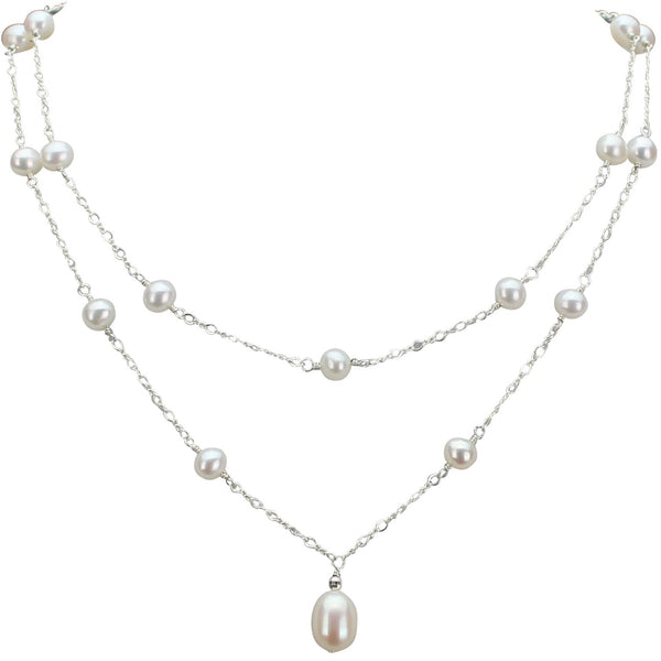 Teardrop Pearl Pendant Double Strand Station Necklace | AAA 7-10mm Natural White Freshwater Cultured Jewelry,Necklace,Choker Bourdage Pearl Jewelry    sherri bourdage